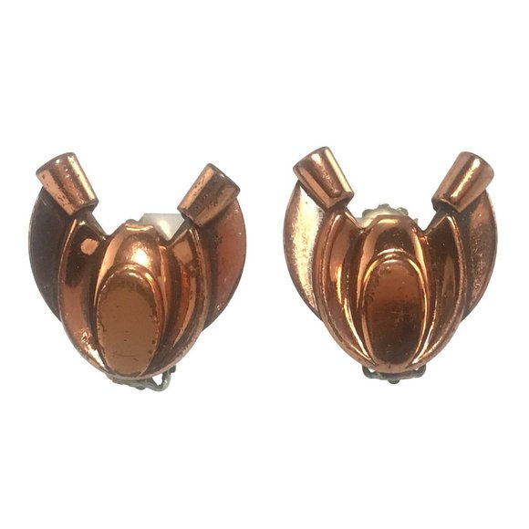 Renoir Jewelry - Vintage 1950s Modernist Renoir Copper Earrings Clip On MCM Insect Scroll Signed